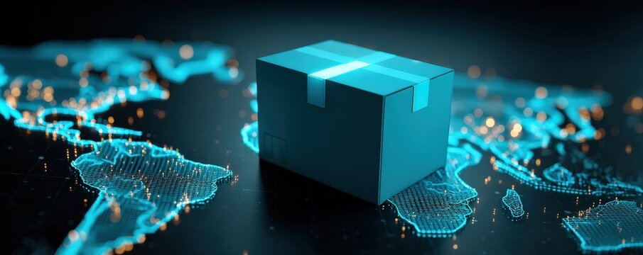 A glowing blue package sits atop a digital world map, symbolizing global shipping and connectivity.