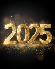 A shimmering golden "2025" on a dark background, surrounded by sparkling particles, symbolizing celebration and the upcoming new year.
