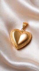 A shiny gold heart pendant rests elegantly on soft satin fabric, showcasing its smooth surface and ornate design.