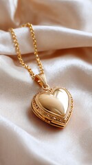 A shiny gold heart pendant rests on soft, beige fabric, showcasing intricate details and a delicate chain.