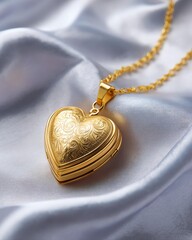 A beautifully crafted gold heart-shaped locket pendant resting on soft, draped fabric, showcasing intricate designs and elegant shine.