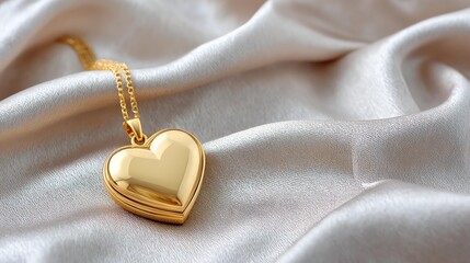 A golden heart-shaped pendant rests elegantly on a smooth, silky fabric, symbolizing love and affection.