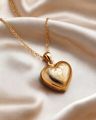 A beautiful gold heart locket pendant hangs on a delicate chain, resting on silky fabric, showcasing intricate engravings.