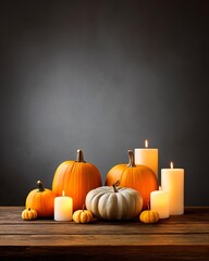 A cozy autumn display featuring various pumpkins and candles set against a dark background, creating a warm, seasonal atmosphere.
