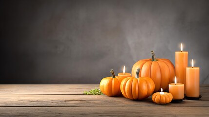 A cozy autumn scene featuring pumpkins and candles on a wooden table, creating a warm and inviting atmosphere.