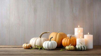 A serene autumn arrangement featuring various pumpkins and lit candles on a wooden surface against a light wooden backdrop.