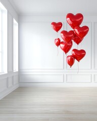 A bright, minimalist room featuring floating red heart-shaped balloons, creating a romantic and joyful atmosphere.