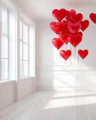 A bright, minimalist room with large windows showcases a bunch of vibrant red heart-shaped balloons, creating a joyful and romantic atmosphere.