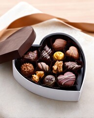A heart-shaped box filled with assorted chocolates, beautifully arranged, perfect for gifting or enjoying a sweet treat.