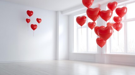A bright, minimalist room featuring floating red heart-shaped balloons against white walls and wooden flooring, creating a romantic atmosphere.
