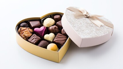 A heart-shaped box filled with assorted chocolates, showcasing a variety of confections, perfect for gifts or special occasions.