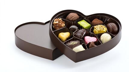 A heart-shaped box filled with assorted chocolates, showcasing a delightful variety of flavors and textures, perfect for gifting or indulging.