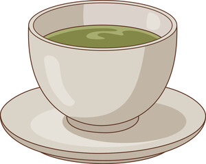 Hand Drawn Minimalist Illustration of a Matcha Green Tea Cup and Saucer for Cafe and Wellness Decor