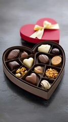 A heart-shaped box filled with assorted chocolates, elegantly presented with a ribbon.