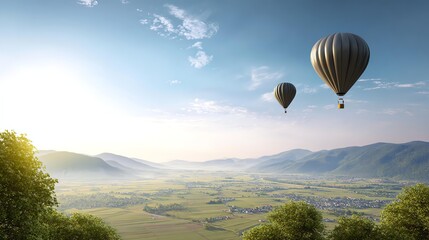 Scenic view with hot air balloons soaring above a lush valley, surrounded by mountains under a clear blue sky.