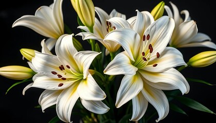 Fototapeta premium Elegant white lilies arranged in a classic bouquet, spring, summer