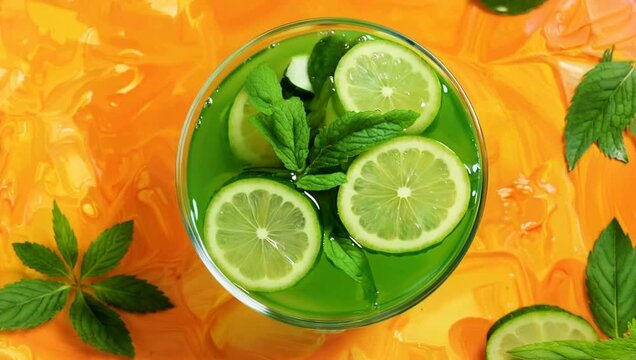 Refreshing green drink with lime slices and mint leaves, perfect for summer.