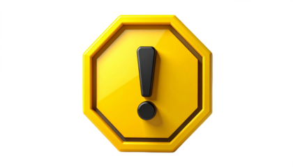 A prominent 3D yellow octagonal warning sign with a black exclamation mark symbol.