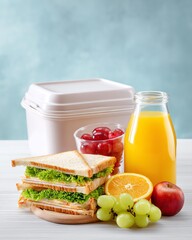 A healthy meal featuring a sandwich with lettuce, fruits, and a bottle of orange juice, presented against a soft, neutral background.