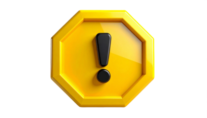 A glossy 3D yellow octagonal warning sign with a prominent black exclamation mark, symbolizing caution or alert.