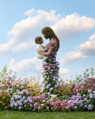 A floral statue of a mother holding her child amidst a vibrant garden, symbolizing love and nature's beauty under a blue sky.