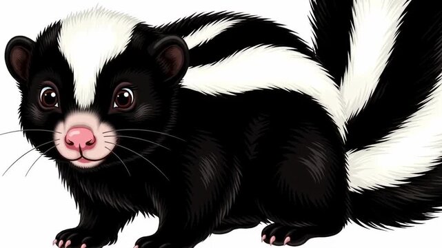 A friendly skunk with a white stripe and fluffy tail, cartoon style
