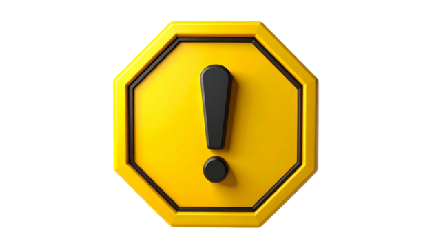 Bright yellow octagonal warning sign with a prominent black exclamation mark symbol. - Powered by Adobe