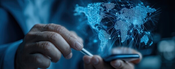 A business professional uses a smartphone to interact with a holographic world map, symbolizing digital connectivity and global communication.