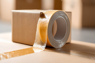 Secure Shipment: A close-up shot of a roll of packing tape securing a cardboard box, symbolizing protection and the promise of secure delivery.