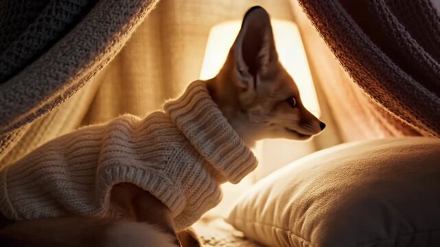 Adorable Fennec Fox in Cozy Sweater Relaxing Indoors.