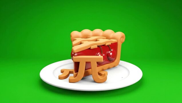 A slice of cherry pie with a pi symbol on a white plate against a green background.