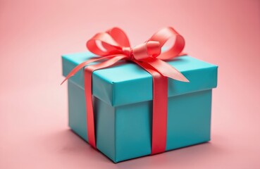 Obraz premium Square blue gift box with red ribbon on pink. Present is tied with bow. Holiday packaging for retail shops discounts celebration or anniversary greeting cards. Surprise birthday object with no people.