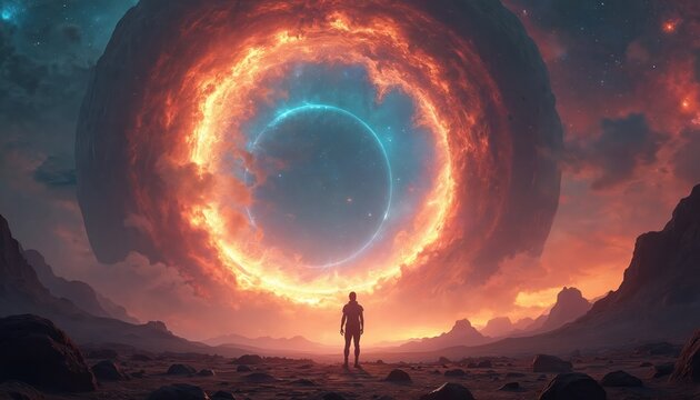 A person stands before an epic cosmic portal. Mysterious sci-fi illustration shows a space anomaly in a surreal landscape. The art conveys wonder exploration discovery.