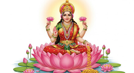 Fototapeta premium Illustration of Goddess Lakshmi sitting on a lotus flower, symbol of wealth, prosperity, and abundance in Hindu tradition. Elegant spiritual art with gold ornaments, soft light, and peaceful divine