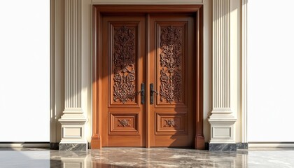 Ornate double wooden doors with intricate carvings stand in a grand hallway with columns and marble floor. Sunlight streams in, highlighting detailed craftsmanship and elegant design.