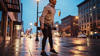 Man exercising with dumbbells in the city street at dusk.