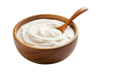 Close-up of creamy white substance with natural peaks in a wooden bowl with spoon, overflowing on a pristine transparent background with negative space. Concept of purity and natural goodness