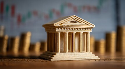 A miniature bank building model sits on a wooden surface, surrounded by coins and stock market graphs, symbolizing finance and investment.