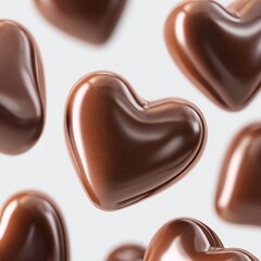 Obraz premium A close-up view of shiny chocolate hearts on a white background