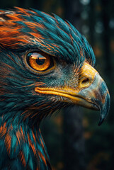Macro Eagle Eye Feather Teal, Raptor Portrait Orange Plumage, Wild Hawk Head Profile Detail, Sharp Beak Macro Wildlife Shot