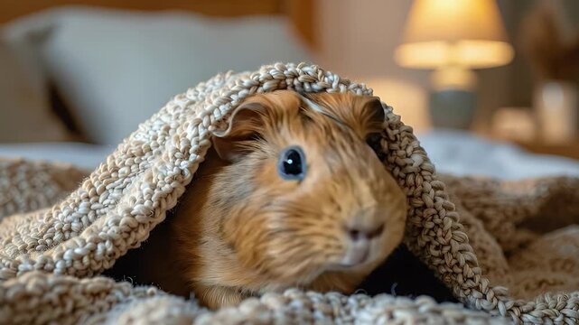 Cozy Guinea Pig Snuggled Under Blanket on Bed.