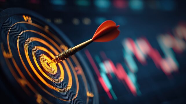 A dart is hitting the center of a target, symbolizing precision and success, with a blurred background of financial graphs. - Powered by Adobe