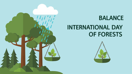 Illustration of International Day of Forests with balanced scales amidst trees and rain
