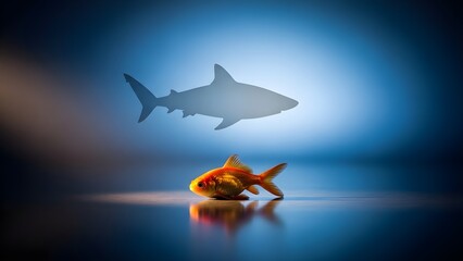 Small goldfish with a large shark shadow above it, symbolizing ambition and overcoming challenges.