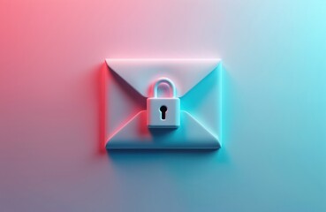 Abstract image secure email concept. White envelope with padlock signifies data protection. Pink, blue gradient illumination adds modern digital touch. High tech illustration for online safety,