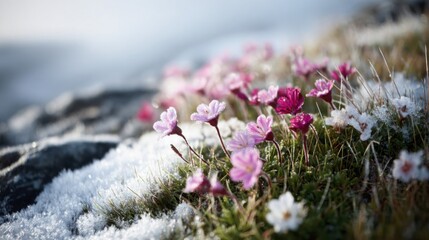 Delicate Alpine Wildflowers Bloom Amidst Snow-Covered Meadow in Early Spring