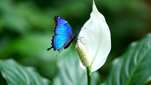 A blue butterfly perches on a white anthurium flower in a lush tropical garden with blurred green leaves in the background, possibly for nature or travel advertising