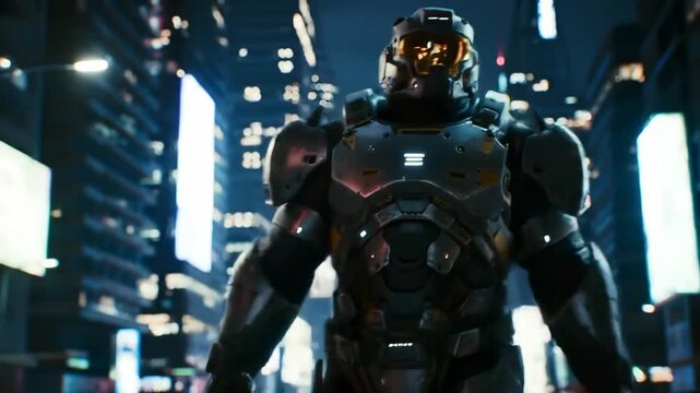 A futuristic armored figure stands confidently against a city backdrop