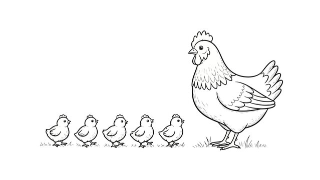 Cute Chicken and Chicks Line Drawing, Farm Animal Family, Mother Hen Leading Chicks