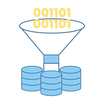 A funnel processing binary code into organized data stacks for information filtering and selection